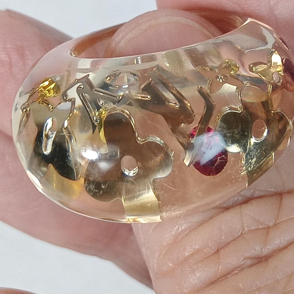 Louis Vuitton Crystal & Resin Monogram Inclusion Heart & Flower Ring Size 6.5